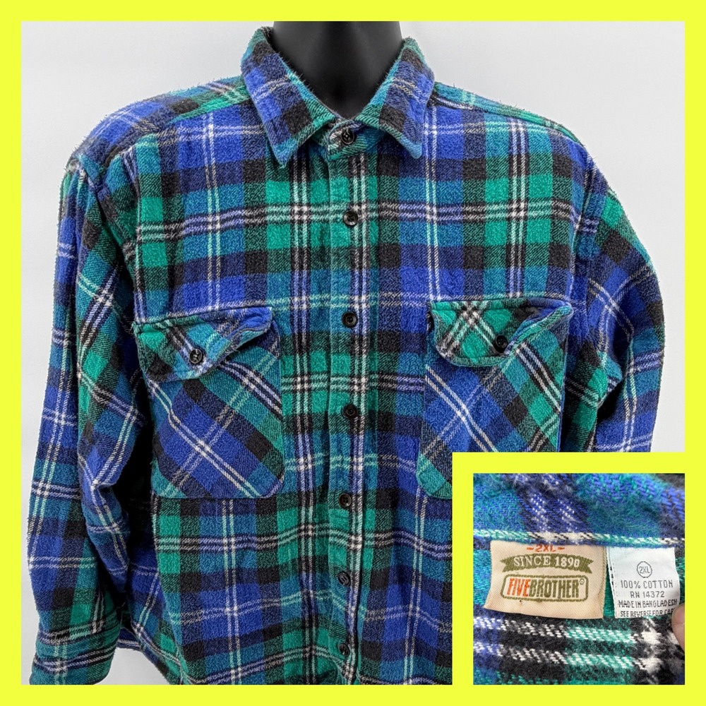 VTG Five Brother Flannel Shirt Mens 2XL Blue Green Black White Plaid Cotton